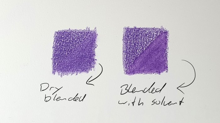 comparison of 2 blending methods using cotton swabs or q-tips. On the left is a square of colored pencils blending using the dry blending method. on the right is a sqaure of colored pencils blended with solvent.  - Blending tools for colored pencils