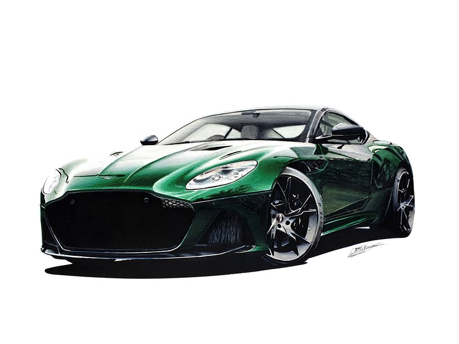 Car drawing of an Aston Martin DBS Superleggera in dark green made with Faber Castell Polyschromos colored pencils and Winsor and Newton Promarker alcohol based markers by Luuk Minkman