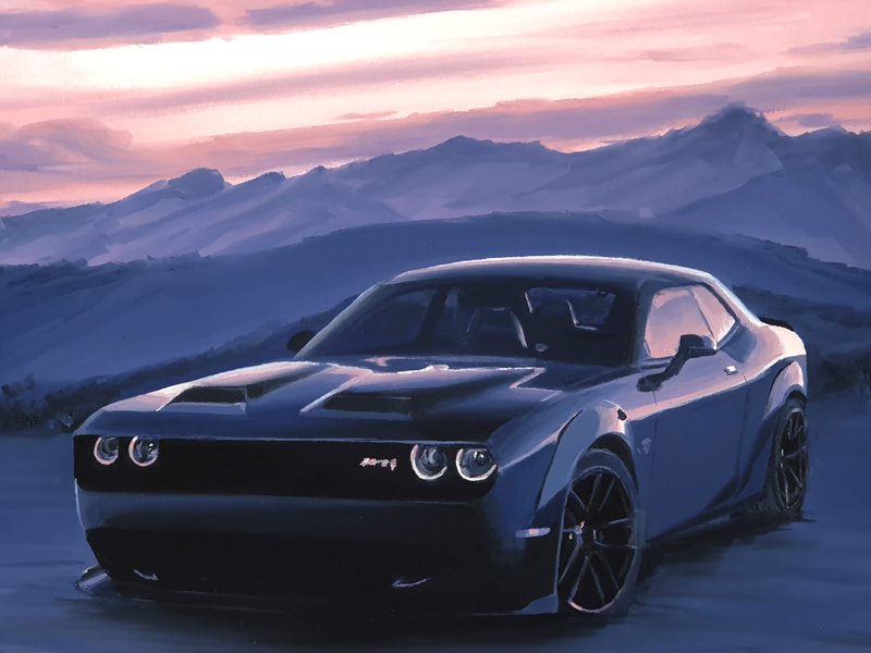 Oil painting of a Dodge challenger during a sunset in the mountains made by Luuk Minkman