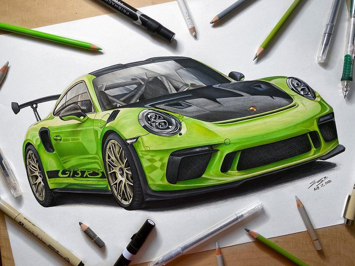 realistic colored pencil drawing of a porsche 911 gt3 rs in lizard green