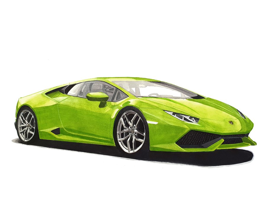 Car drawing of a Lamborghini Huracan in lime green drawn with Winsor and Newton Promarker alcohol based markers