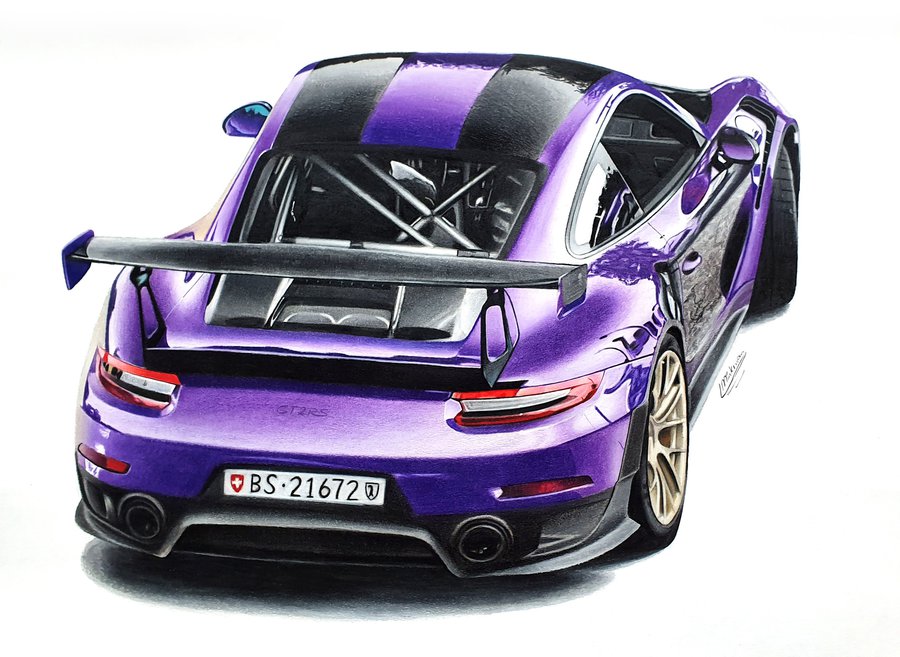 Car drawing of a Porsche 911 991.2 GT2 RS in purple made with Faber Castell Polychromos colored pencils using a solvent by Luuk Minkman