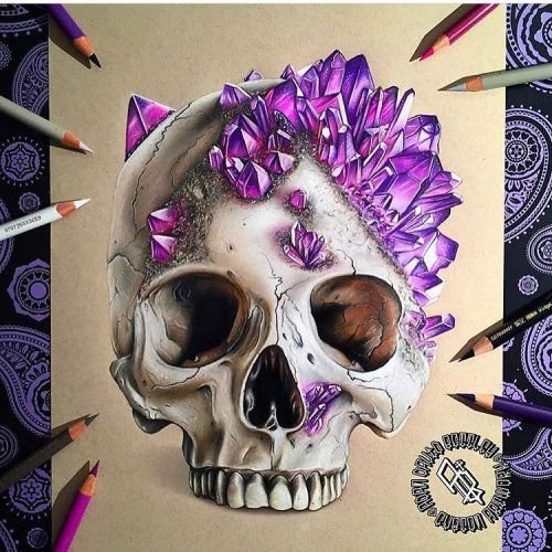 realistic colored pencil drawing of a skull with amathyst shards growing out of it