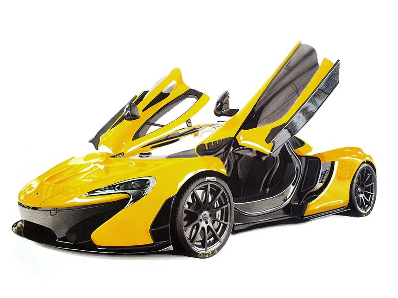 Car drawing of a McLaren P1 in Volcano Yellow drawn with Winsor and Newton alcohol based markers