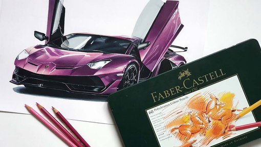 realistic car drawing of a lamborghini aventador svj in purple next to a box of faber castell polychromos colored pencils