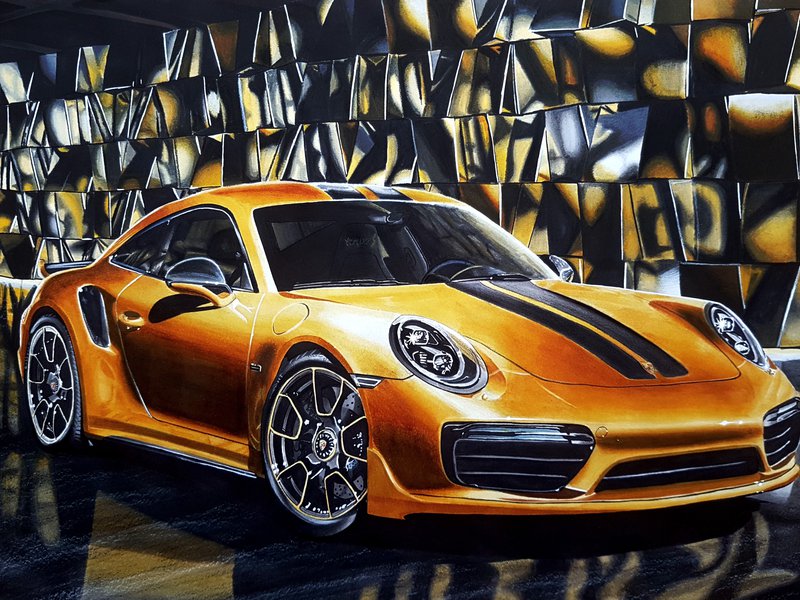 Car drawing of a Porsche 911 991.2 Turbo S Exclusive Series in gold drawn with Winsor and Newton Promarker alcohol based markers