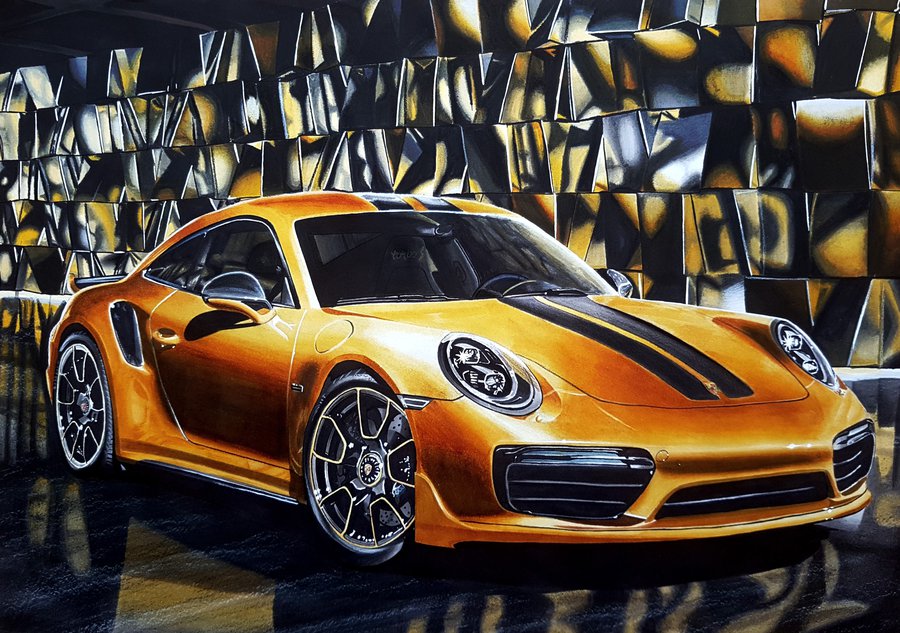 Car drawing of a Porsche 911 991.2 Turbo S Exclusive Series in gold drawn with Winsor and Newton Promarker alcohol based markers