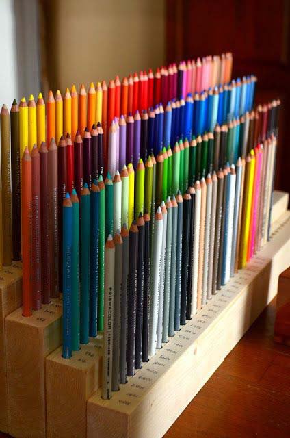 DIY shelves with colored pencils.  Colored pencil storage, Pencil