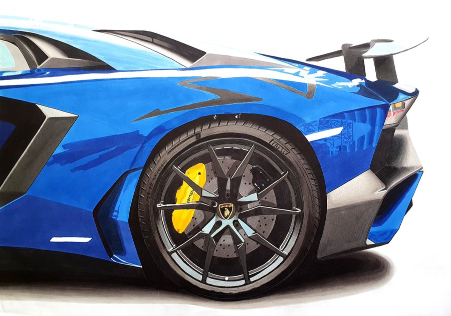 Car drawing of a Lamborghini Aventador SV in dark blue drawn with Winsor and Newton Promarker alcohol based markers