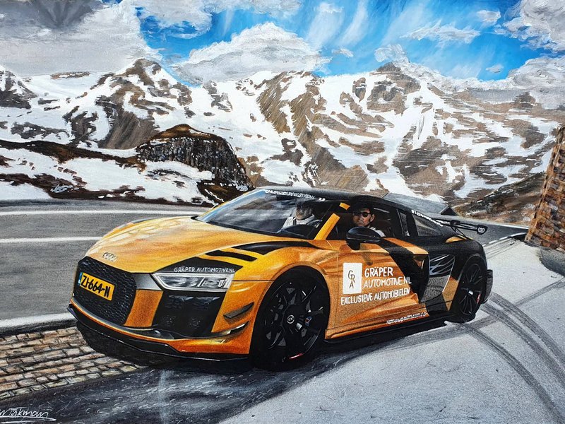 Car drawing of an Audi R8 Performance Parts in gold in snowy mountains made with Winsor amd Newton Promarker alcohol based markers and Faber Castell Polychromos colored pencils by Luuk Minkman