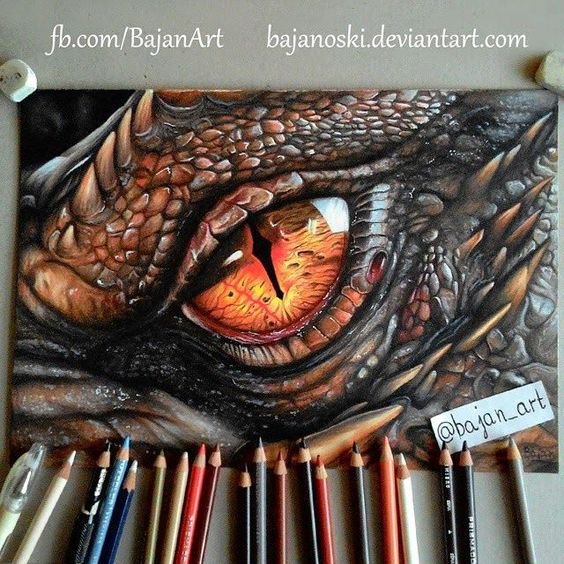 realistic colored pencil drawing of an orange dragon eye