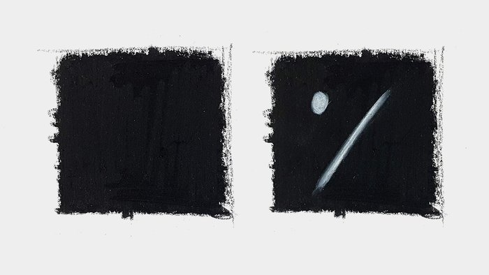 a square of burnished black faber castell polychormos pencil on the left and on the right a black square with burnished black faber castell polychromos with highlights burnished into the black pencil layer drawn with a white caran d'ache luminance pencil