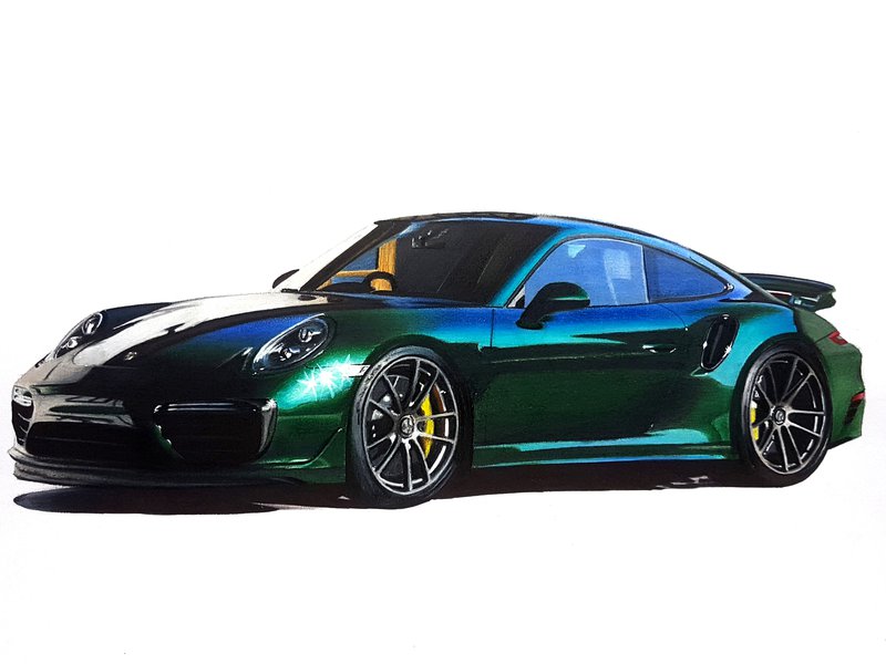 Car drawing of a Porsche 911 991.2 Turbo S in metallic green drawin wirh Winsor amd Newton Promarket alcohol based markers and Faber Castell Polychromos colored pencils