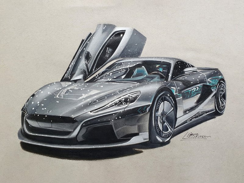 Car drawing of a Rimac Nevera (C_Two) in grey drawn on grey toned paper with Faber Castell Polychromos colored pencils