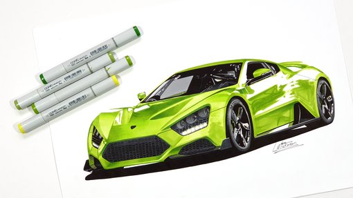 drawing of a zenvo ts1 gt in lime green made with copic sketch markers with some copic sketch markers to the side