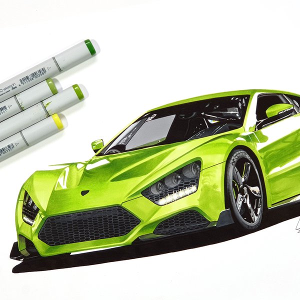 drawing of a zenvo ts1 gt in lime green made with copic sketch markers with some copic sketch markers to the side