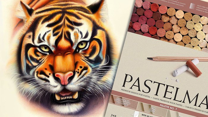 A drawing of a tiger growling made with pastel pencils next to a pad of pastel paper