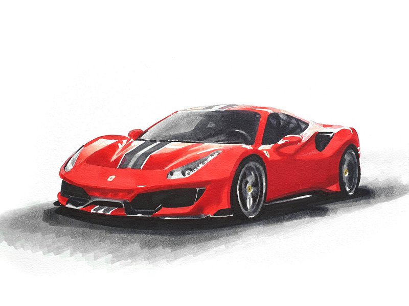 Car drawing sketch of a Ferrari 488 Pista in Rosso Corsa drawn with Winsor and Newton Promarker alcohol based markers