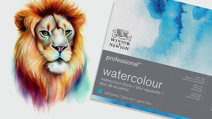 best paper for watercolor pencils - drawing of a lion made with watercolor pencils next to a pad of winsor & Newton watercolour paper