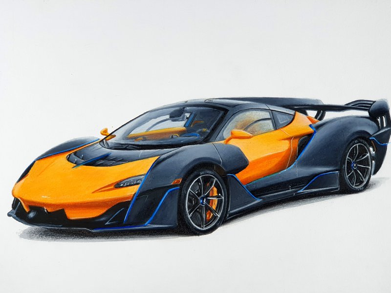 Drawing of a McLaren Sabre in Papaya Orange made with colored pencils and alcohol based markers by Luuk Minkman