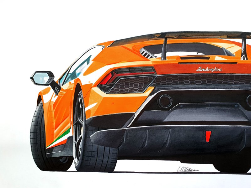 Car drawing of a Lamborghini Huracan Performante in orange drawn with Winsor and Newton alcohol based markers and Faber Castell Polychromos colored pencils