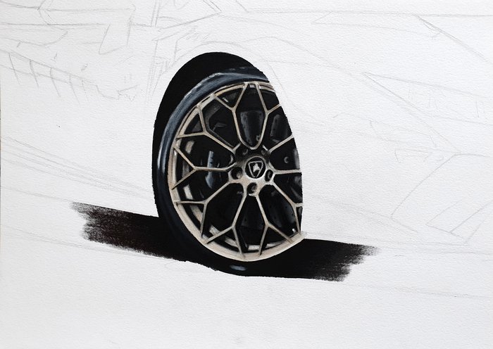 step 9: coloring the shadow and tyre with colored pencils of the wheel