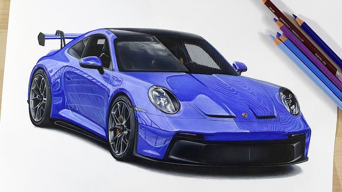 A realistic colored pencil drawing of a light blue porsche 992 gt3
