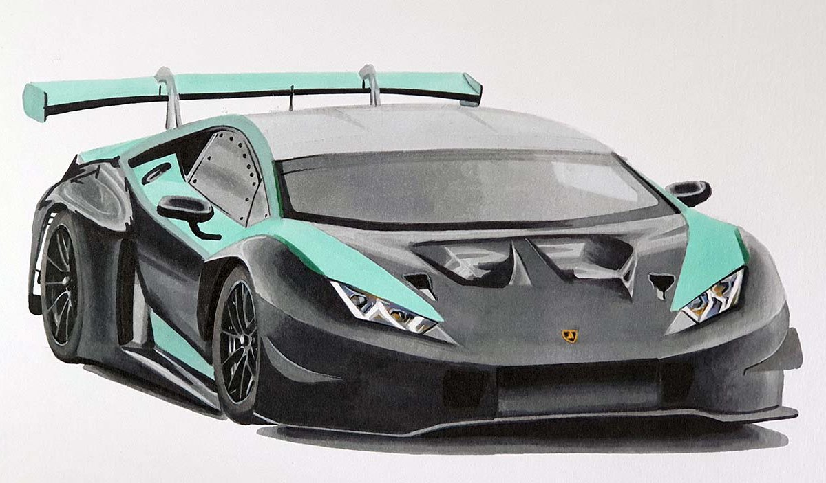 A colored pencil drawing of a golden Lamborghini in...