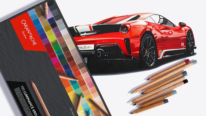 Best wax-based colored pencils - Drawing of a car Ferrari 488 Pista in rosso corsa next to a box of Caran d'Ache Luminance colored pencils