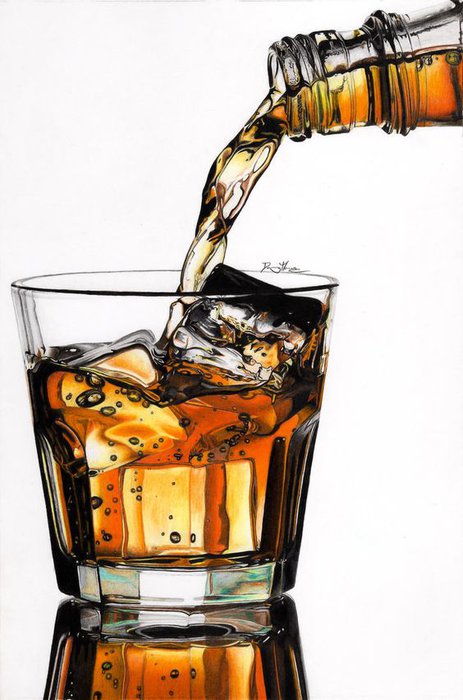 realistic colored pencil drawing of pouring whisky into a glass with ice cubes