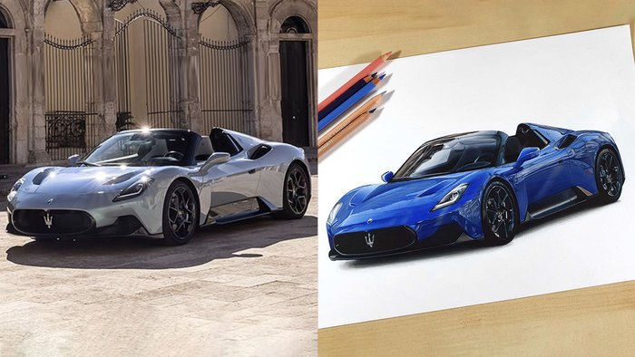drawing of a car next to its reference photo - Copyright and Using Reference Photos in Art and Drawing