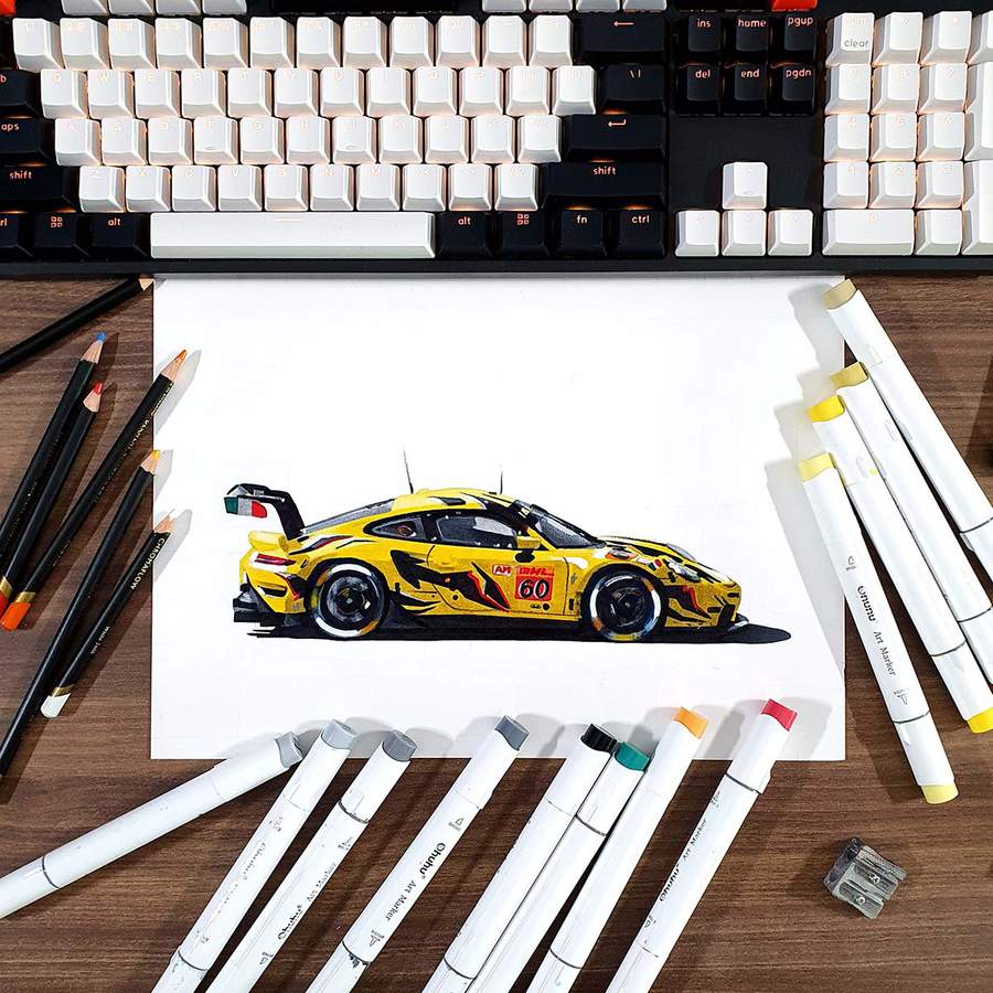 porsche 911 rsr race car drawing in yellow with a racing livery