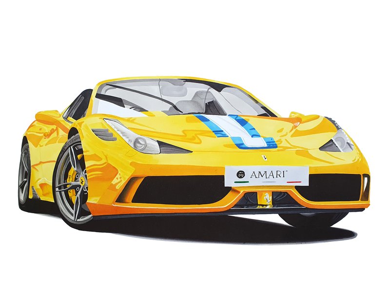 Car drawing of a Ferrari 458 Speciale Aperta in yellow drawn with Winsor and Newton Promarker alcohol based markers