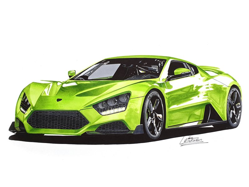 Car drawing of a Zenvo TS1 GT in lime green made with Copic Sketch alcohol markers