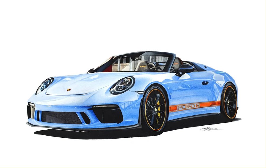 Car drawing of a Porsche 911 991.2 Speedster in Gulf Blue with orange accents made with Faber Castell Polychromos colored pencils and Winsor and Newton Promarker alcohol based markers by Luuk Minkman