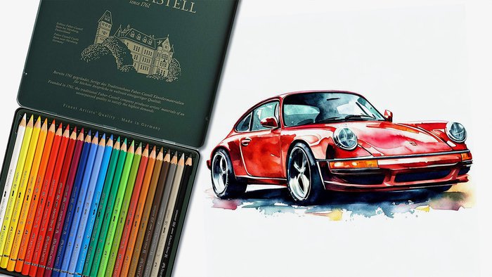 Image of a drawing of a watercolor pencils drawing of a porsche 964 in red.