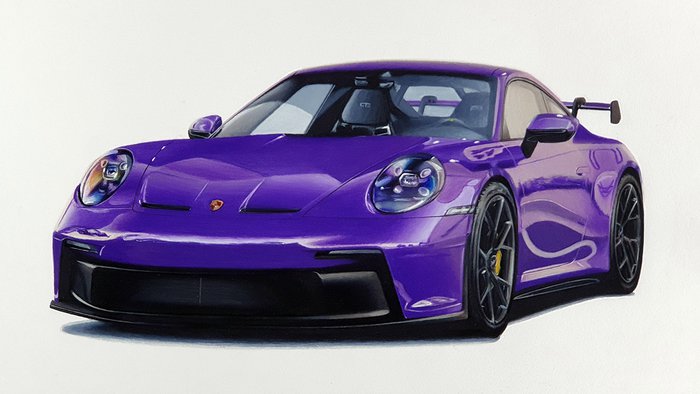 realistic car drawing of a Porsche 992 gt3 made with caran d'ache luminance colored pencils