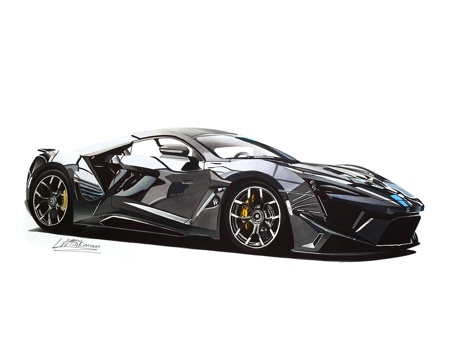 Car drawing of a W Motors Supersport Fenyr in grey made with Winsor and Newton Promarker alcohol markers