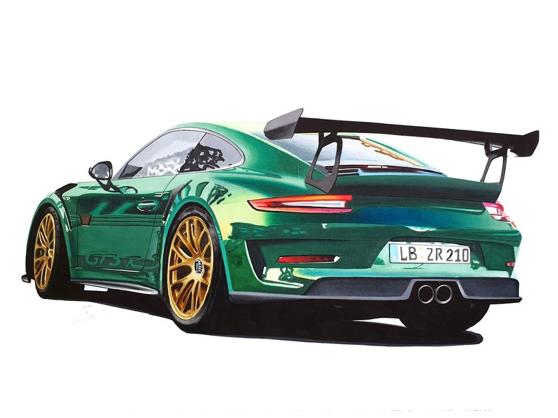 Car drawing of a Porsche 911 991.2 GT3 RS in dark green made with Winsor and Newton Promarker alcohol based markers by Luuk Minkman