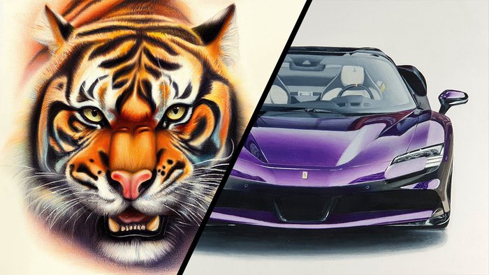 A comparison of a drawing made with pastel pencils and a drawing made with colored pencils. The drawing on the left is made with pastel pencils and it's a drawing of a tiger. the drawing on the right is a drawing of a ferrari made with colored pencils.