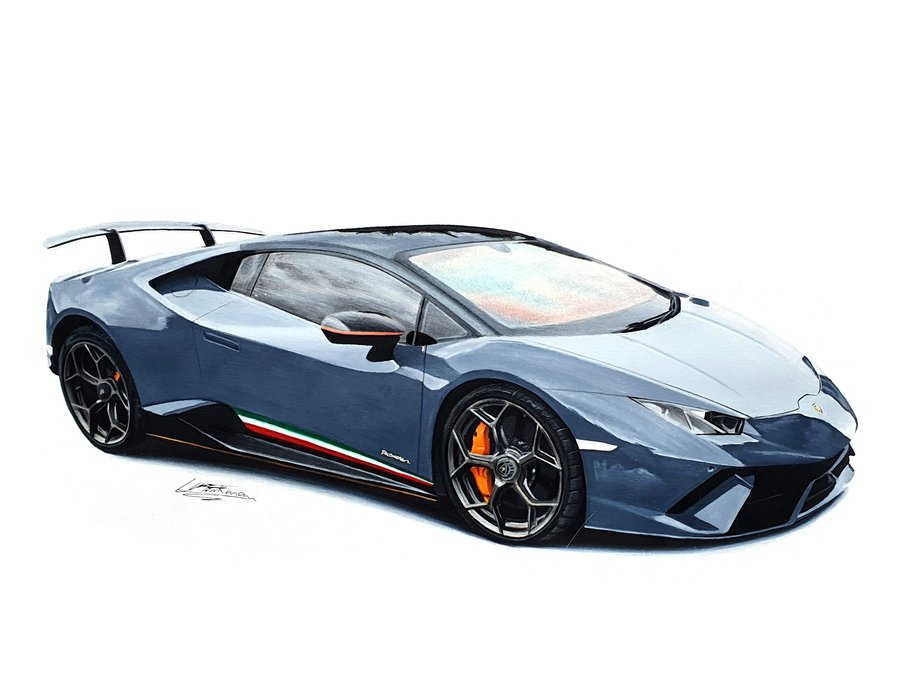 Car drawing of a Lamborghini Huracan Performante in grey drawn with Winsor and Newton alcohol based markers, Faber Castell Polychromos colored pencils and Caran d'Ache Luminance colored pencils