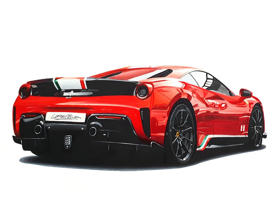 Car drawing of a Ferrari 488 Pista in Rosso Corsa drawn with Winsor and Newton Pormarker alcohol based markers, Faber Castell Polychromos colored pencils and Caran d'Ache Luminance colored pencils
