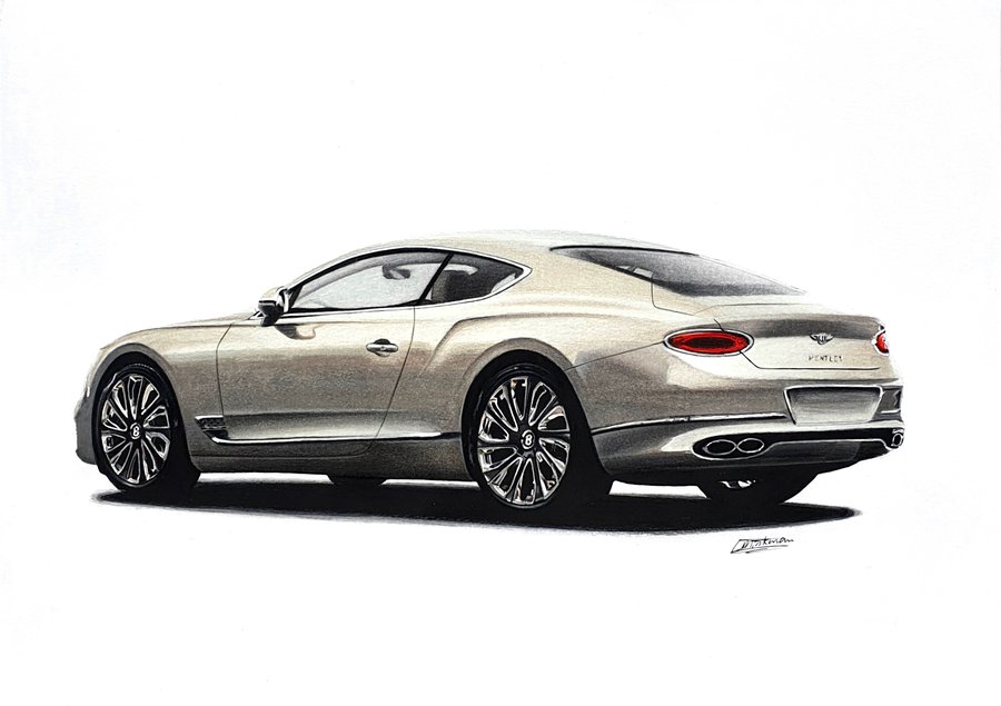 Car drawing of a Bentley Continental GT Mulliner in warm grey drawn with Faber Castell Polychromos colored pencils and Caran d'Ache Luminance colored pencils using a solvent