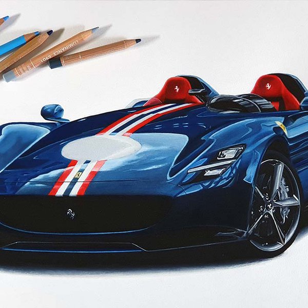 realistic car drawing of a ferrari monze sp2 in dark blue - car drawing tips