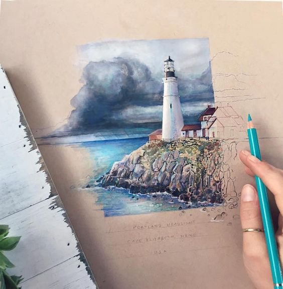 realistic colored pencil drawing of as lighthouse at a rocky shore with storm clouds aproaching