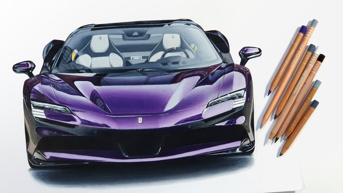drawing of a ferrari sf90 stradale spider in purple made with the caran d'ache luminance colored pencils. the best colored pencils