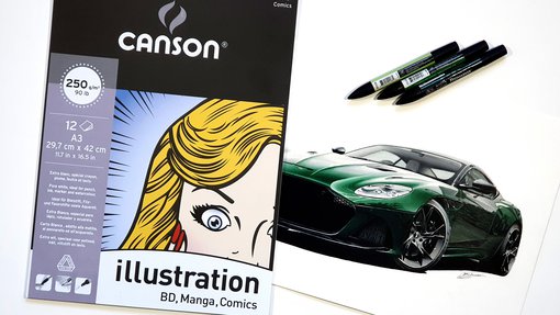 canson illustration paper and car drawing of a green aston martin dbs superleggera made with colored pencils and alcohol markers on canson illustration paper - canson illustration manga review