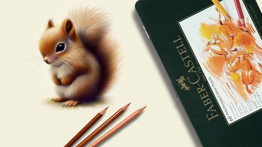 colored pencil drawing of a squirrel next to a bunch of colored pencils and a box of faber castell polychromos